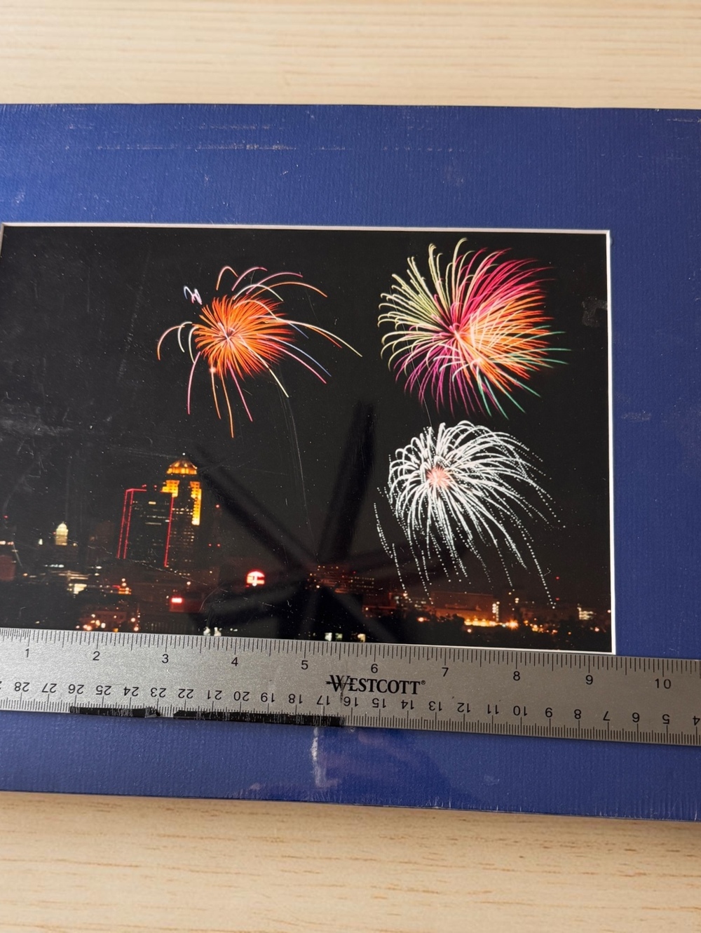 Fireworks Over City Skyline Matted Photograph Blue Mat 10x12 Wall Art